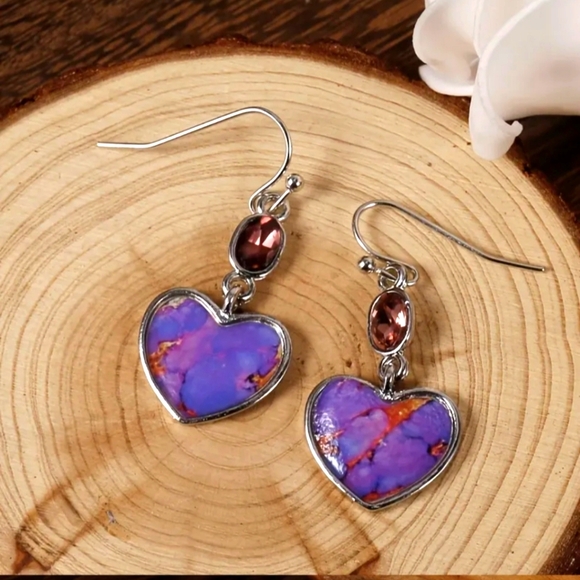 Creative Purple Stone Long Boho Geometric Oval Amethyst Dangle Earrings. - Picture 2 of 6